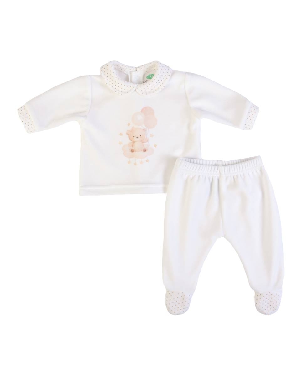 Conjunto de t-shirt de manga comprida e calças com pé em veludo FS Baby Pérola-1