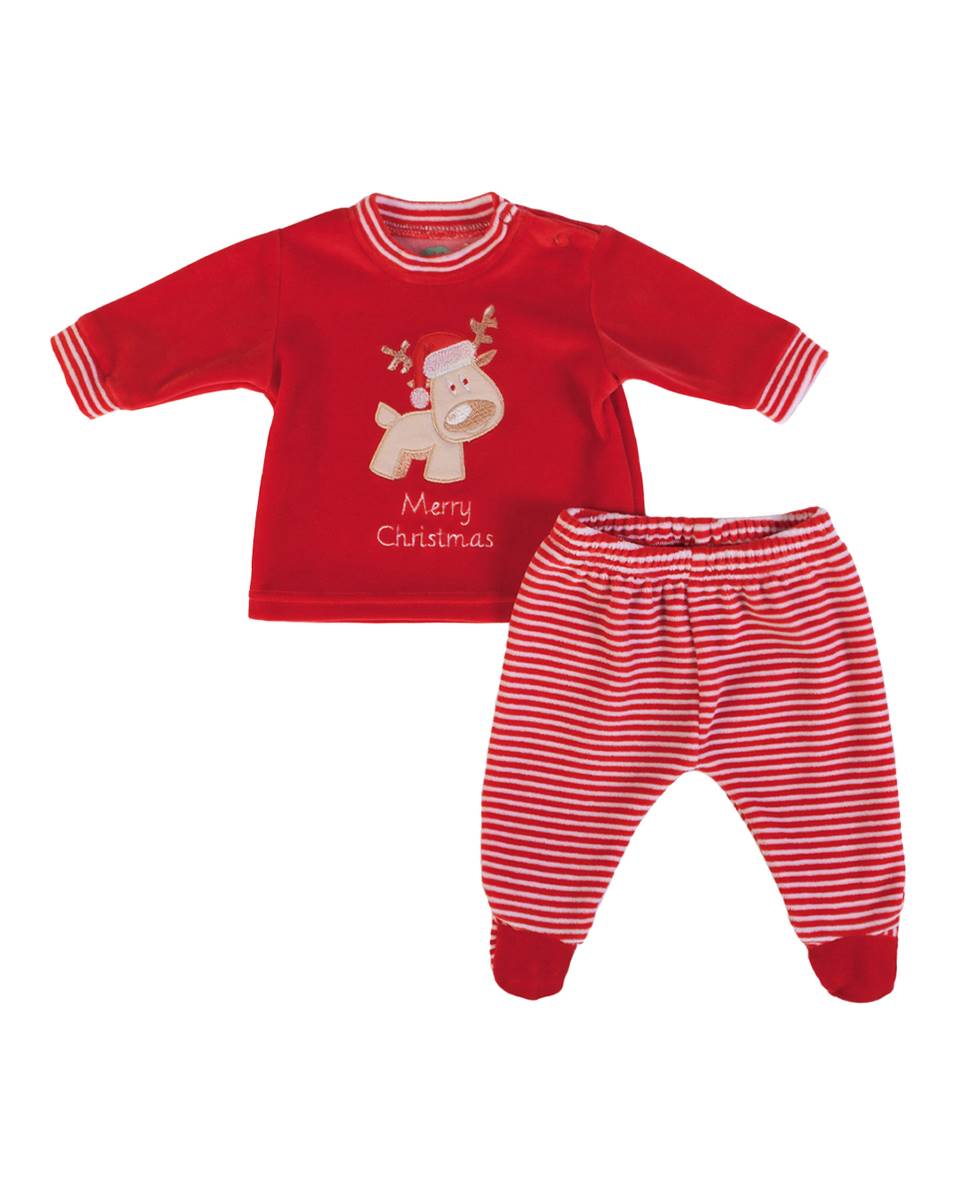 Conjunto de t-shirt de manga comprida e calças com pé em veludo "Natal FS Baby Vermelho-1