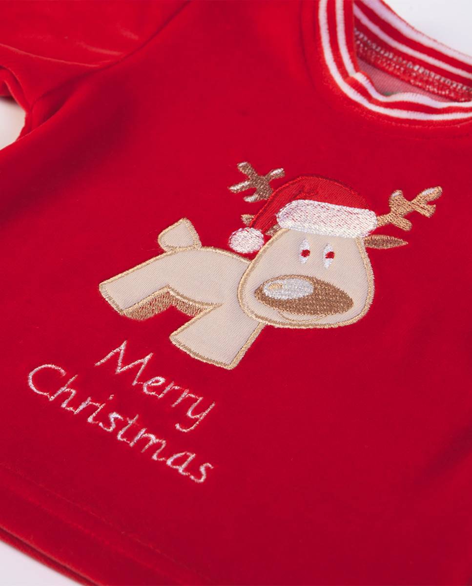 Conjunto de t-shirt de manga comprida e calças com pé em veludo "Natal FS Baby Vermelho-5
