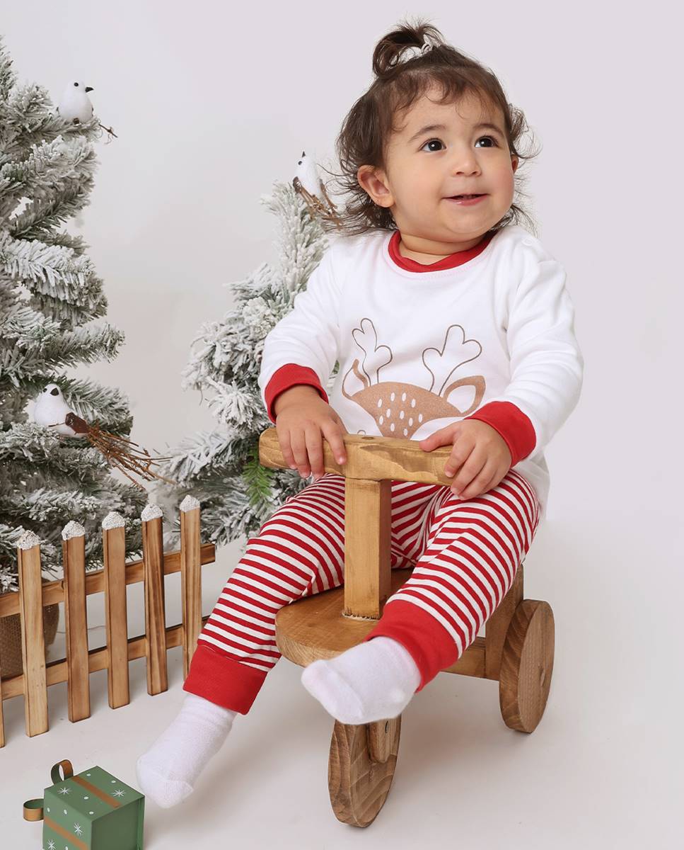 Conjunto de t-shirt de manga comprida em algodão e calças cardadas "Natal FS Baby Vermelho-2