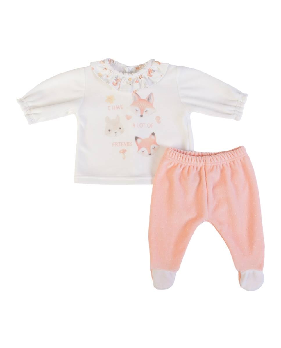 Conjunto de t-shirt de manga comprida e calças com pé em veludo FS Baby Salmão-1
