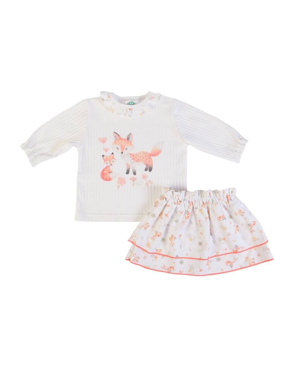 Conjunto de t-shirt de manga comprida em rib e saia em tecido estampado FS Baby Pérola-1
