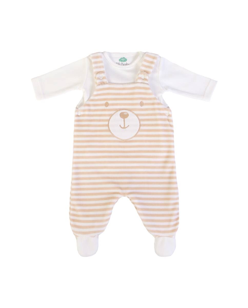 Conjunto de jardineira em veludo e body de manga comprida em algodão FS Baby Camel-1