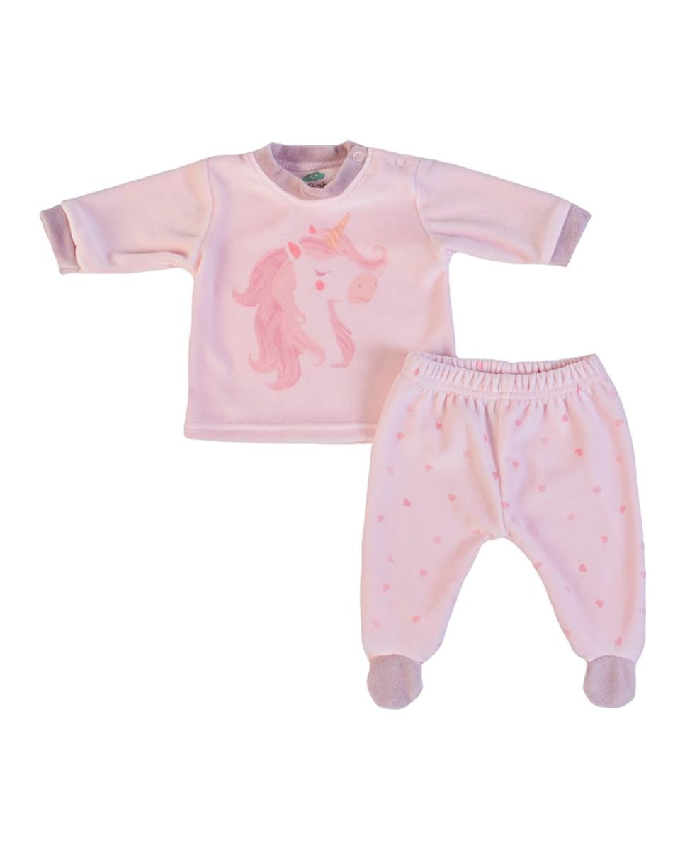 Conjunto de t-shirt de manga comprida e calças com pé em veludo FS Baby Rosa-1