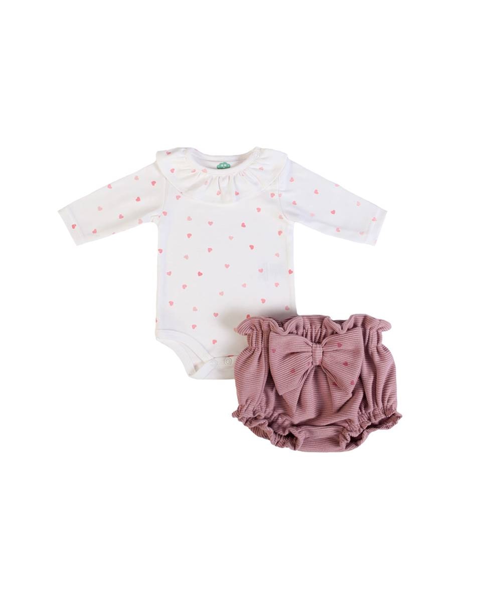 Conjunto de body de manga comprida em algodão e tapa fraldas em rib canelado FS Baby Rosa-1