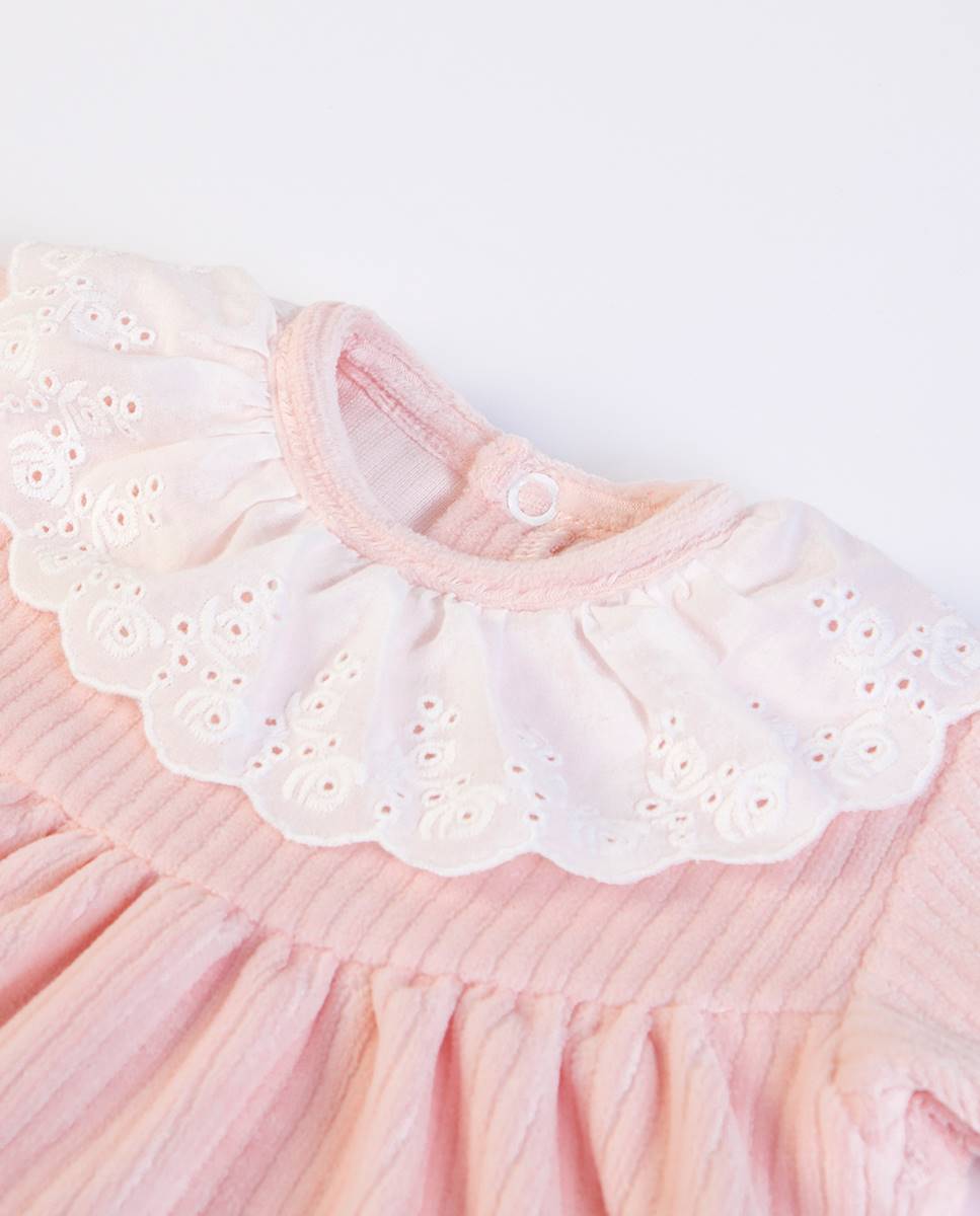 Conjunto de t-shirt de manga comprida e calças com pé em veludo canelado FS Baby Rosa-3