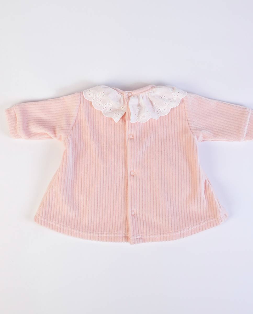 Conjunto de t-shirt de manga comprida e calças com pé em veludo canelado FS Baby Rosa-5