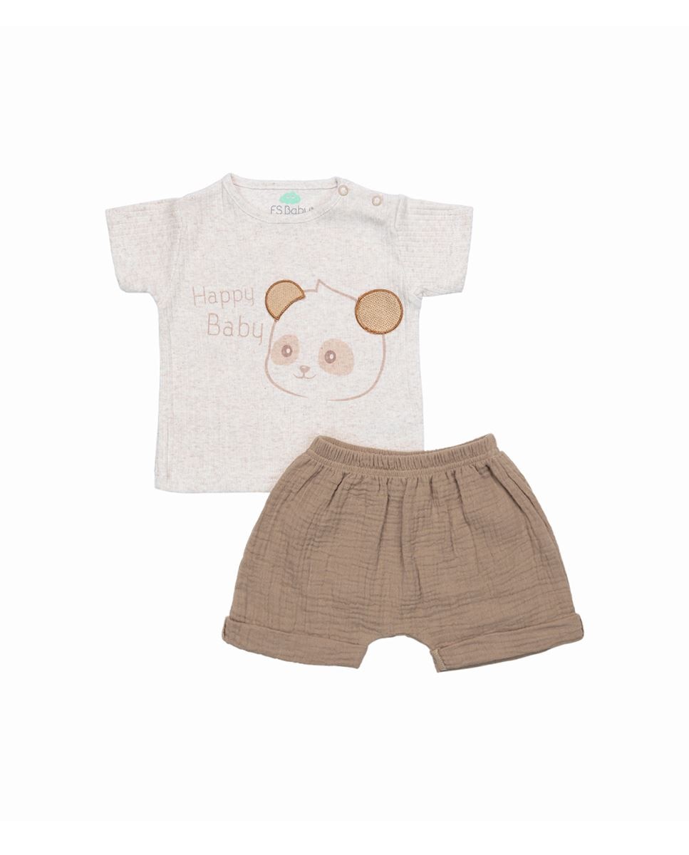 Imagem 0 de Conjunto de t-shirt em algodão canelado e calções em musseline