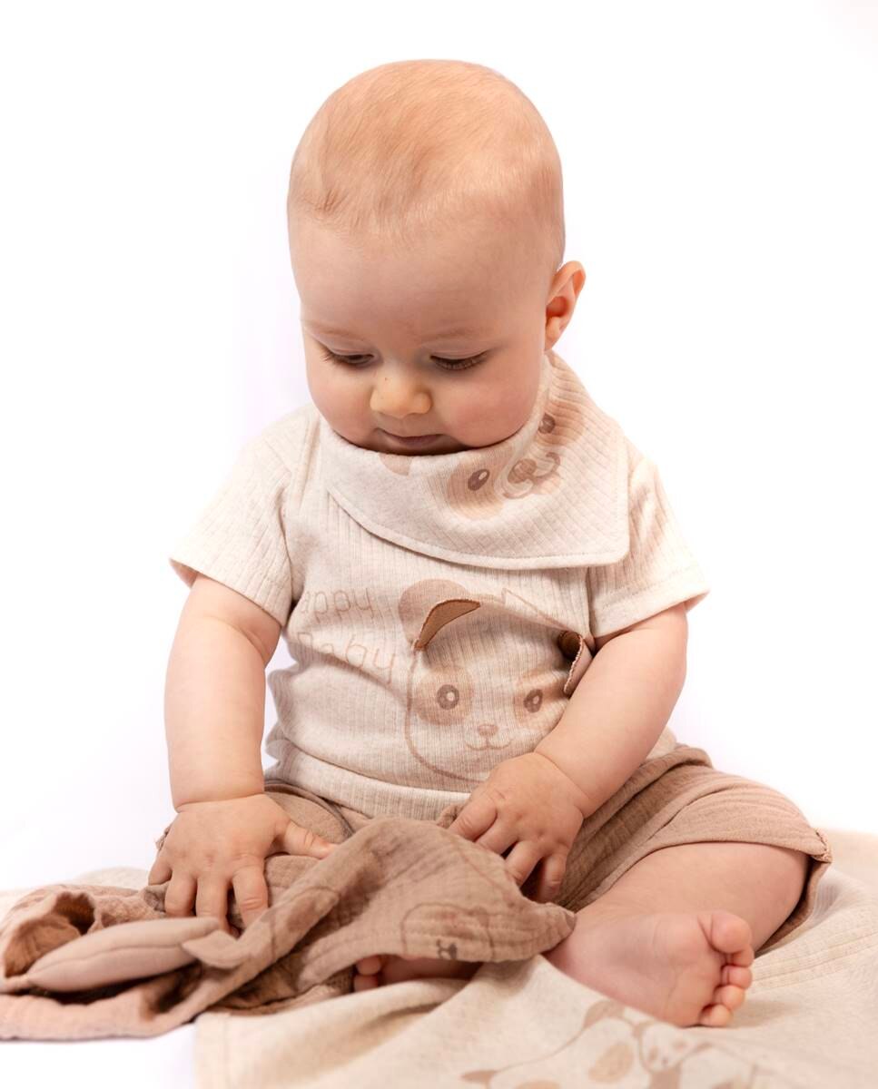 Conjunto de t-shirt em algodão canelado e calções em musseline FS Baby Castanho-2