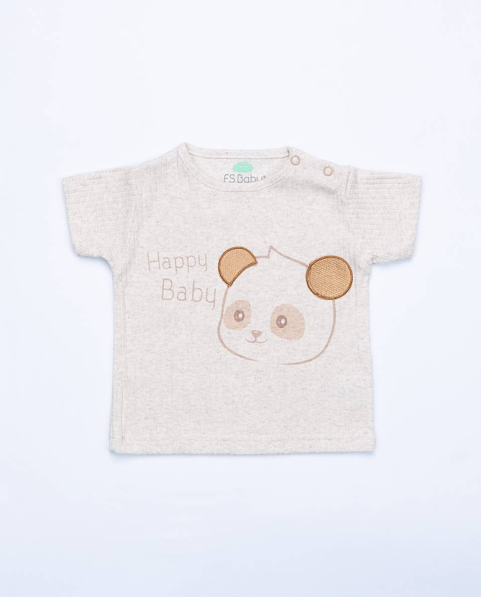 Conjunto de t-shirt em algodão canelado e calções em musseline FS Baby Castanho-3