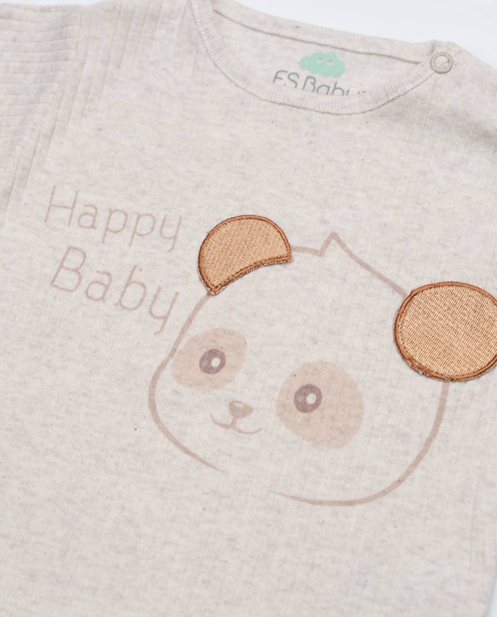 Conjunto de t-shirt em algodão canelado e calções em musseline FS Baby Castanho-4