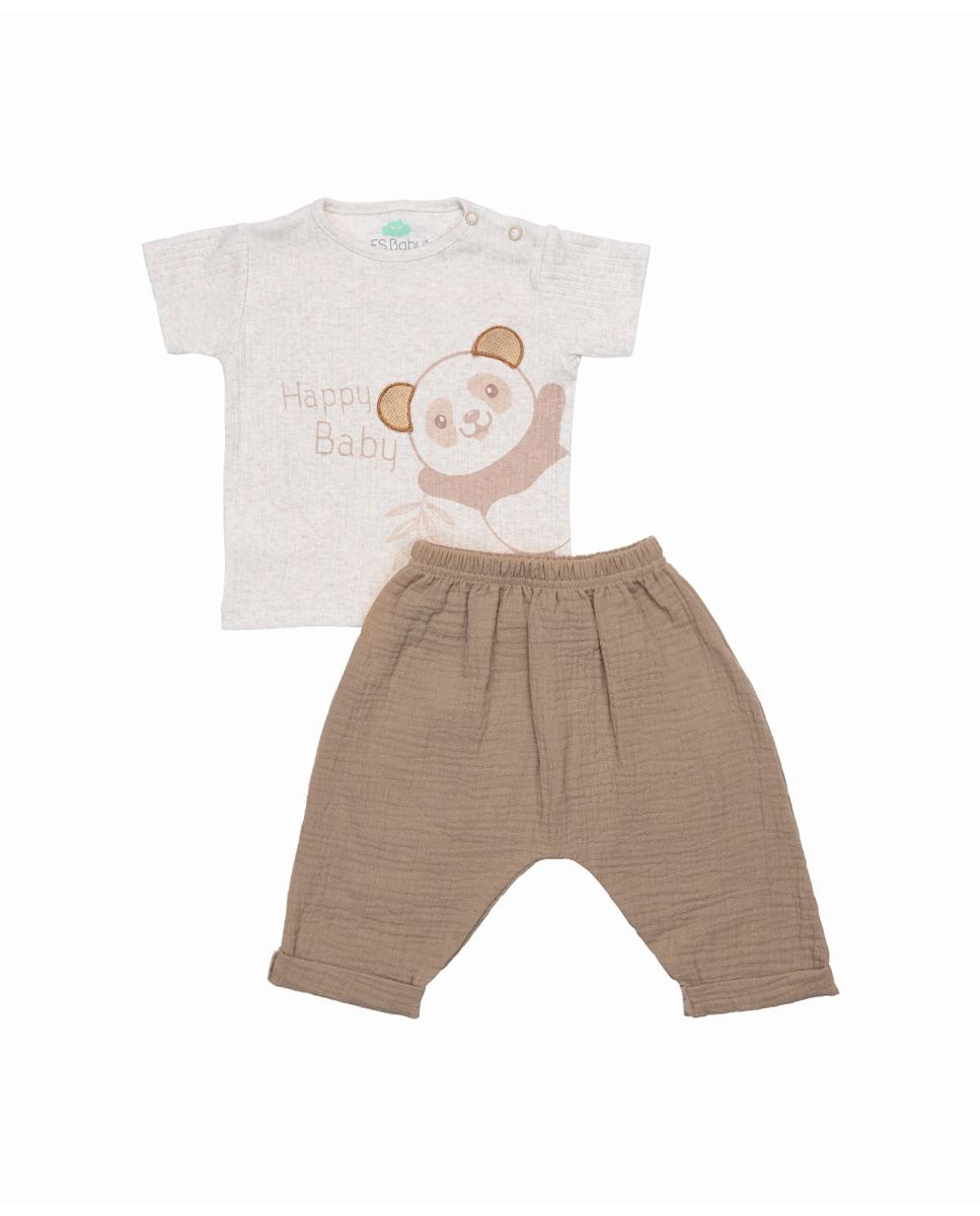 Imagem 0 de Conjunto de t-shirt em algodão canelado e calças em musseline
