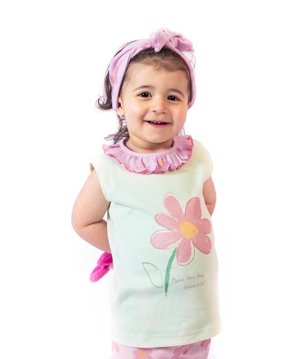 Conjunto de t-shirt e calções em algodão canelado FS Baby Rosa-2
