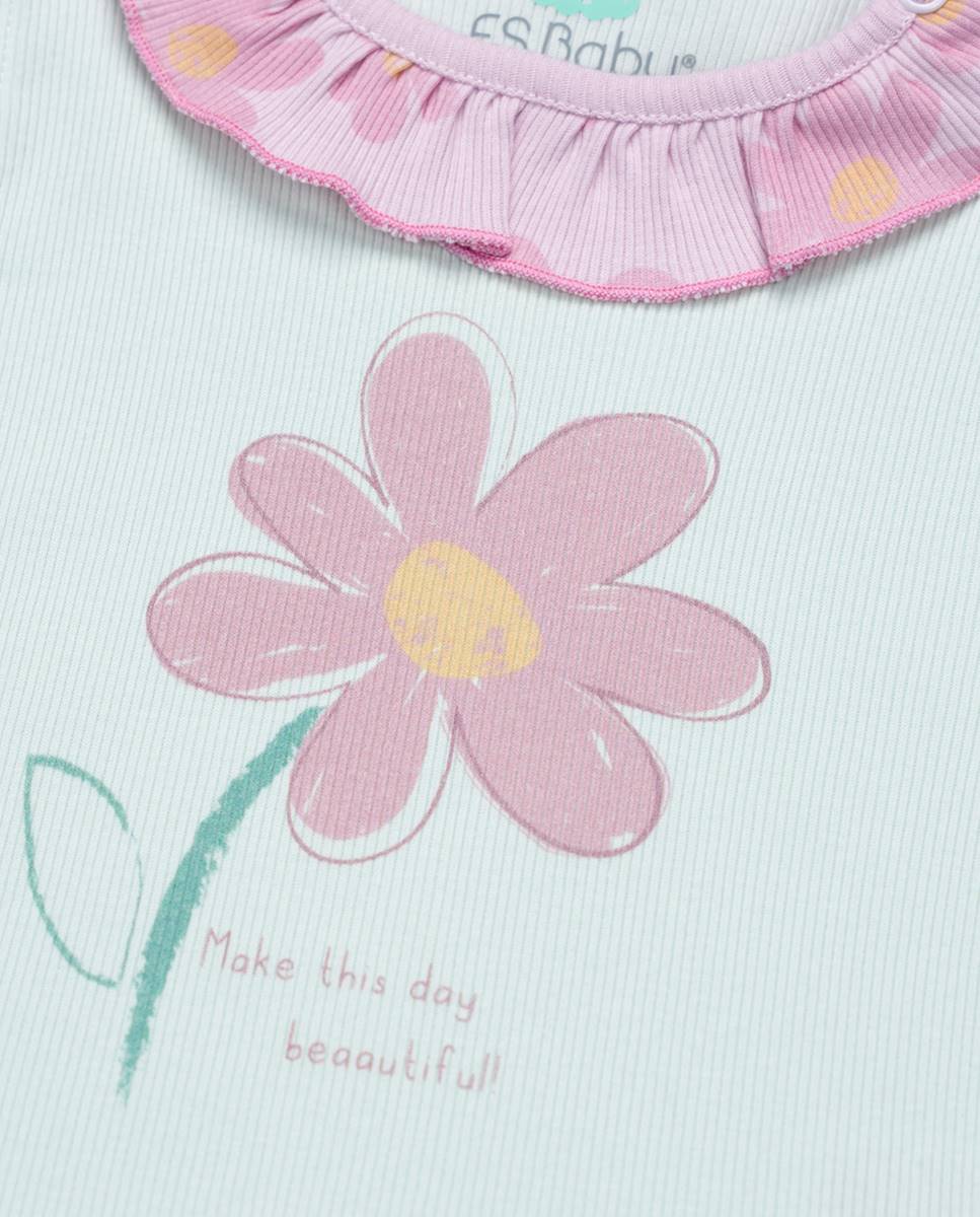 Conjunto de t-shirt e calções em algodão canelado FS Baby Rosa-4