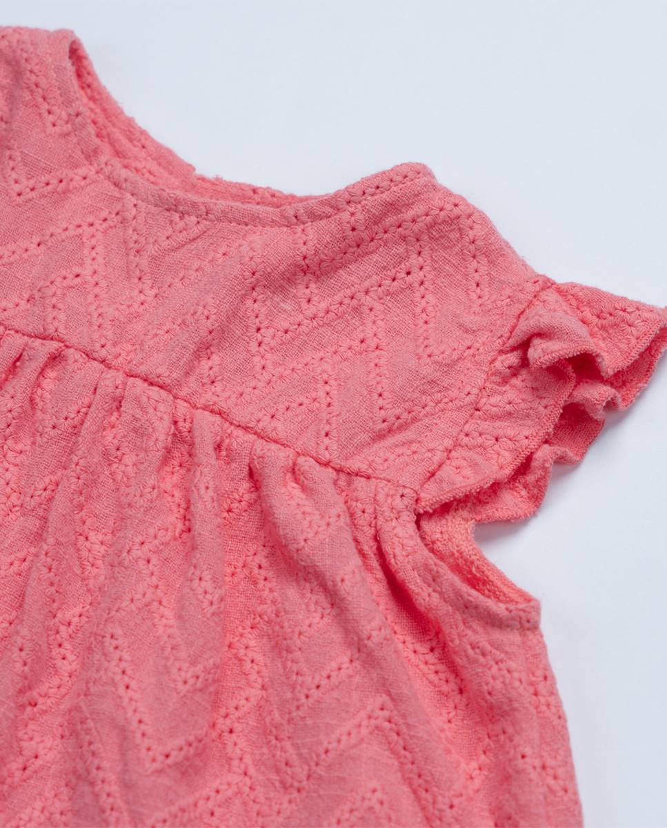 Conjunto de vestido e calções em tecido bordado FS Baby Coral-4