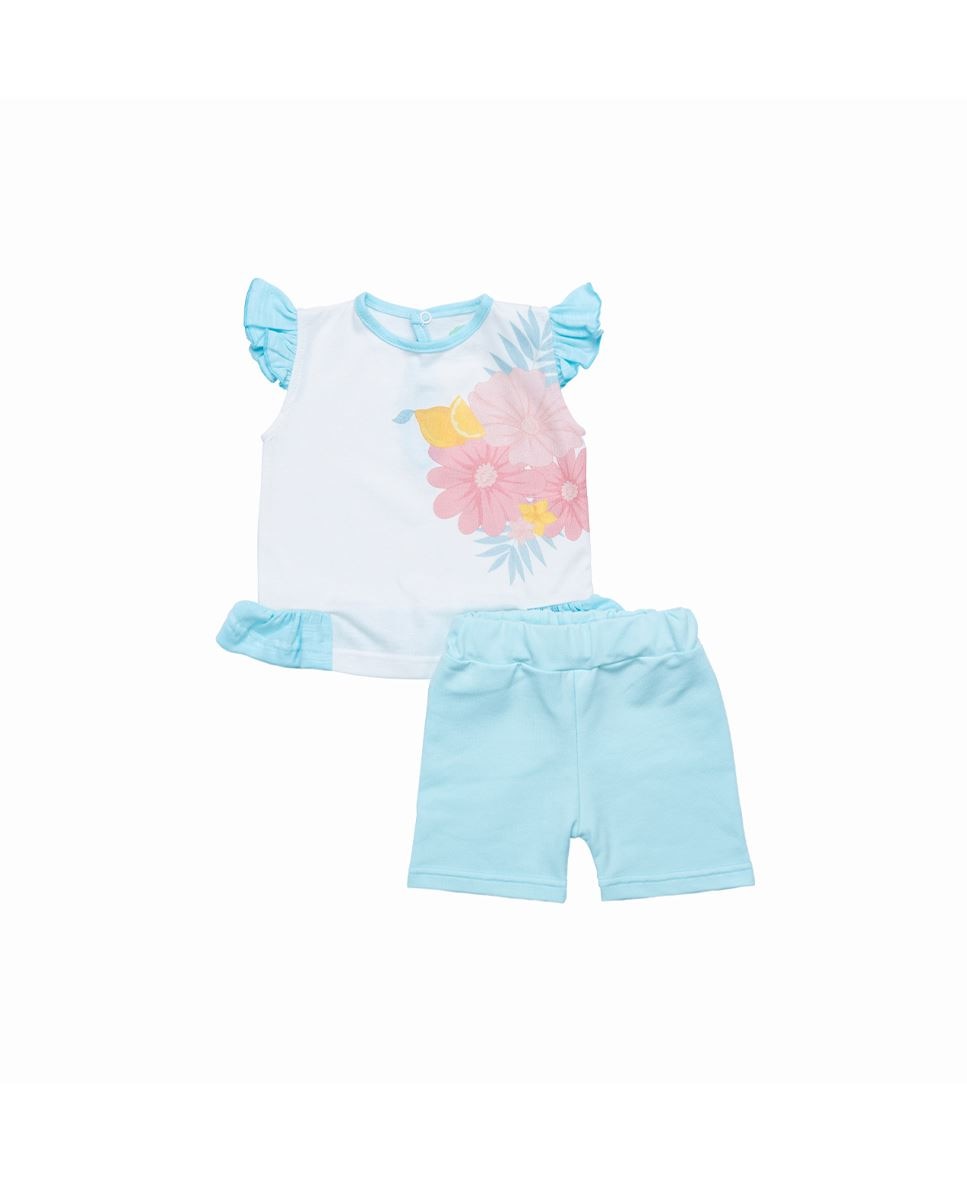 Conjunto de t-shirt em algodão orgânico e calções em felpa FS Baby Turquesa-1