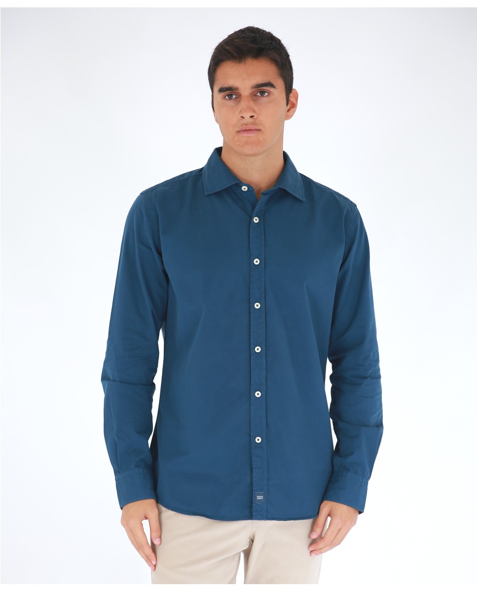 Imagem 0 de Camisa Casual Algodão Soft Slim Lisa em Azul-escuro