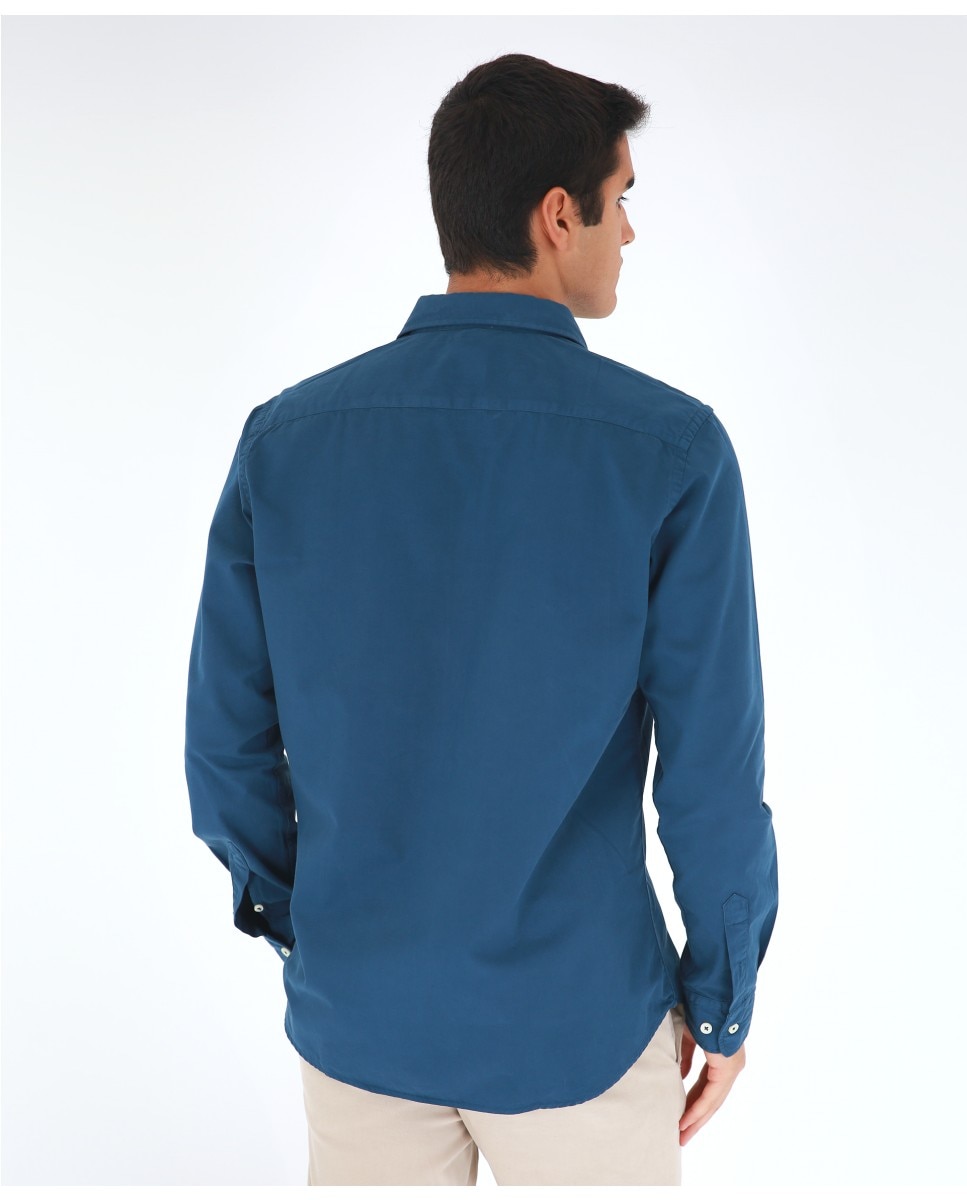 Camisa Casual Algodão Soft Slim Lisa em Azul-escuro Azul-marinho-2