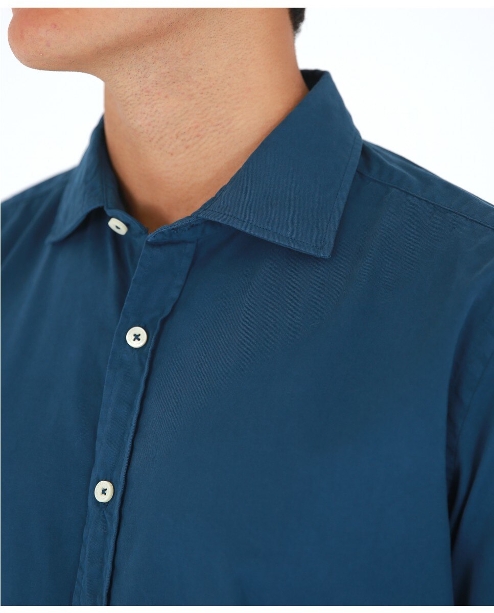 Camisa Casual Algodão Soft Slim Lisa em Azul-escuro Azul-marinho-3