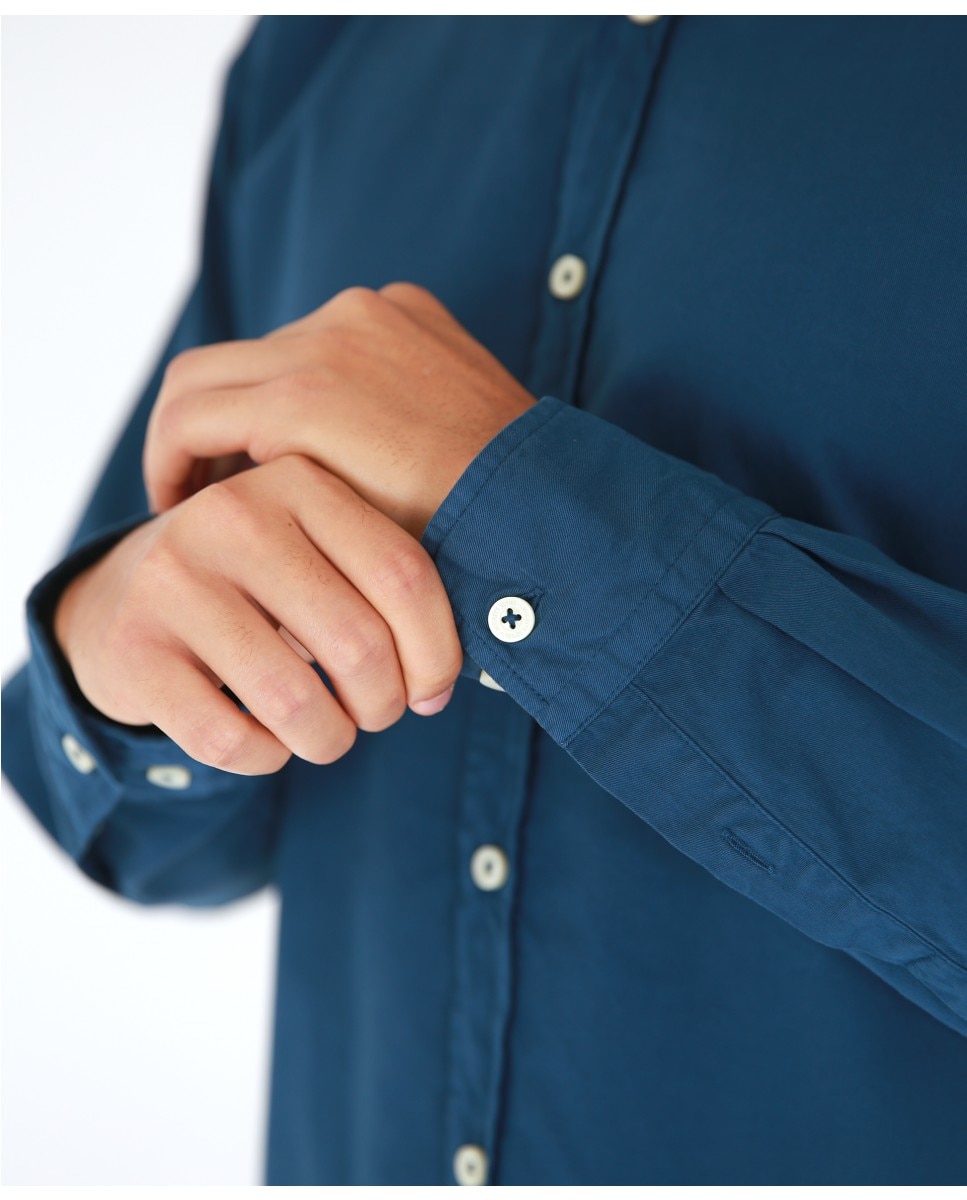 Camisa Casual Algodão Soft Slim Lisa em Azul-escuro Azul-marinho-4