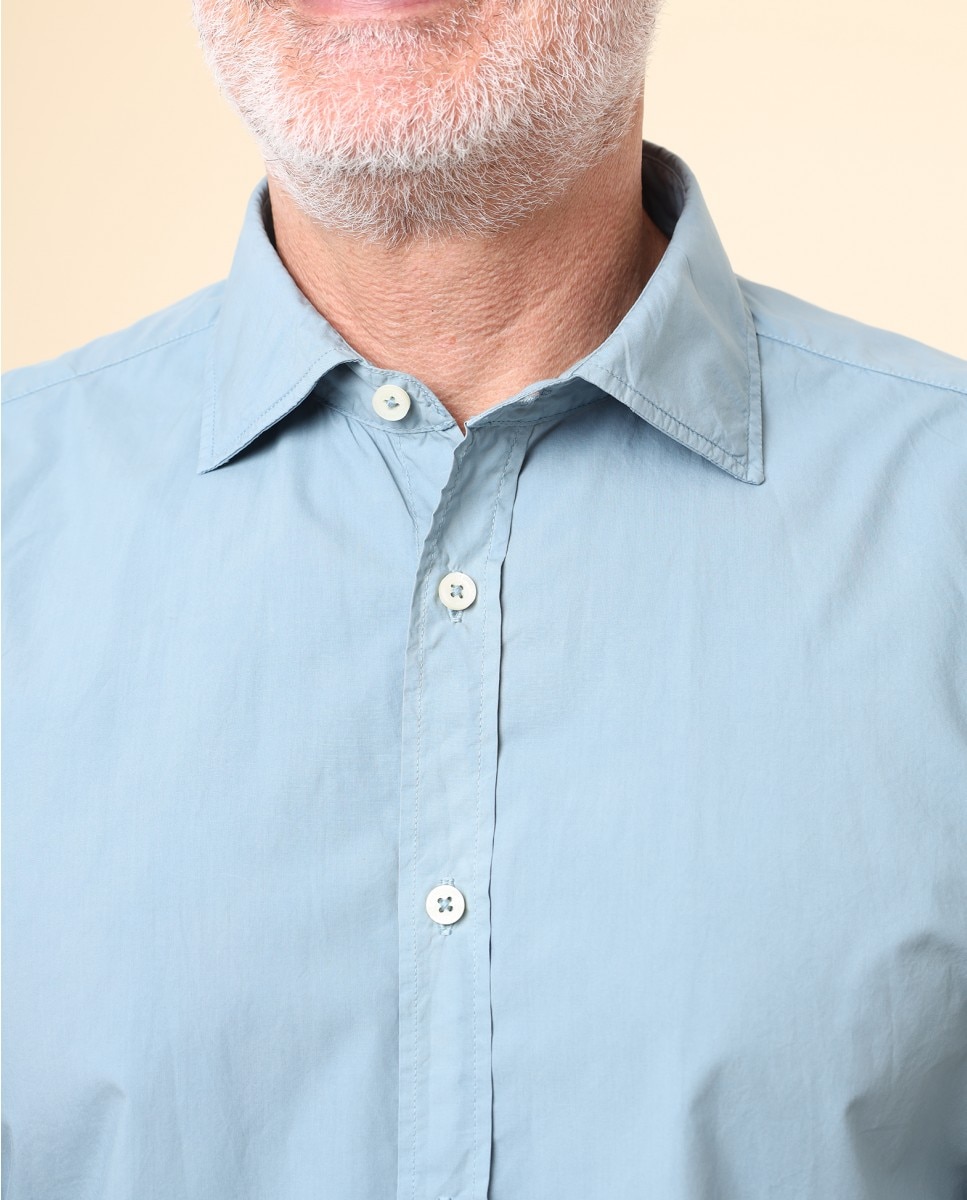 Camisa Casual Algodão Soft Slim Lisa em Azul Azul-3