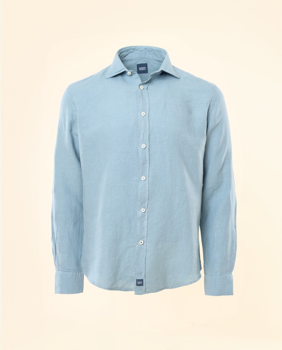 Camisa Casual de Linho Soft Slim Lisa em Azul Azul-2