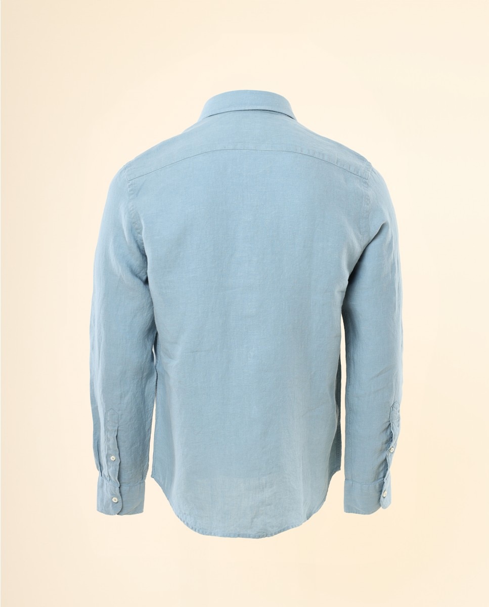 Camisa Casual de Linho Soft Slim Lisa em Azul Azul-3