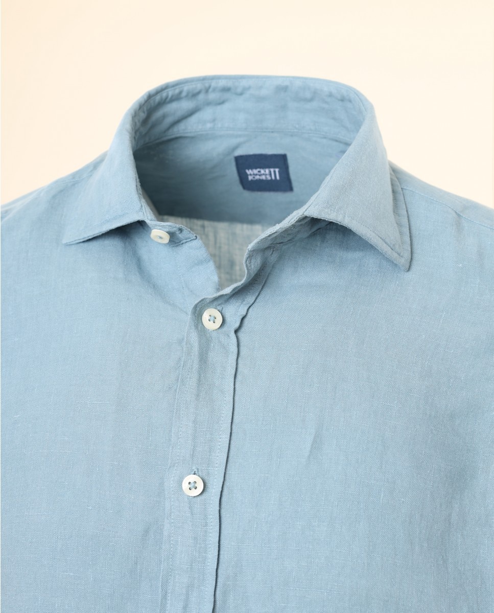 Camisa Casual de Linho Soft Slim Lisa em Azul Azul-4