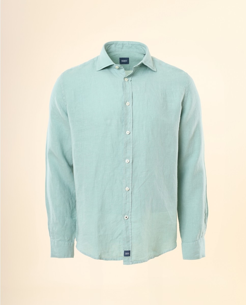 Camisa Casual de Linho Soft Slim Lisa em Verde Verde-2