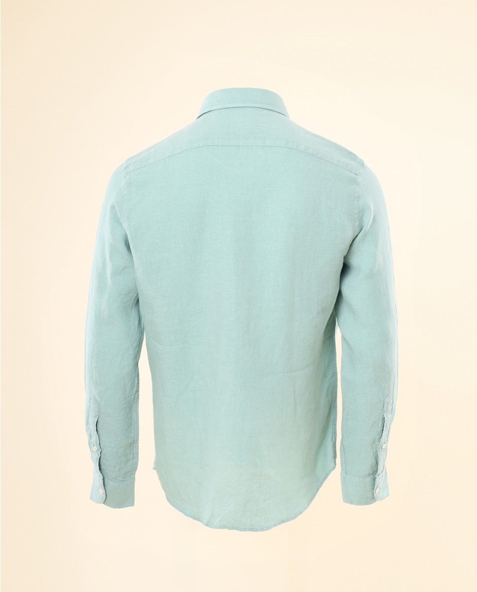Camisa Casual de Linho Soft Slim Lisa em Verde Verde-3
