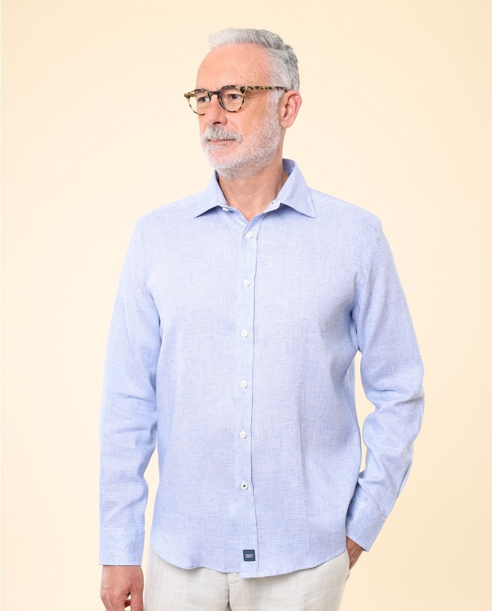 Imagem 0 de Camisa Casual em Linho Soft Slim Pied-de-poule em Azul