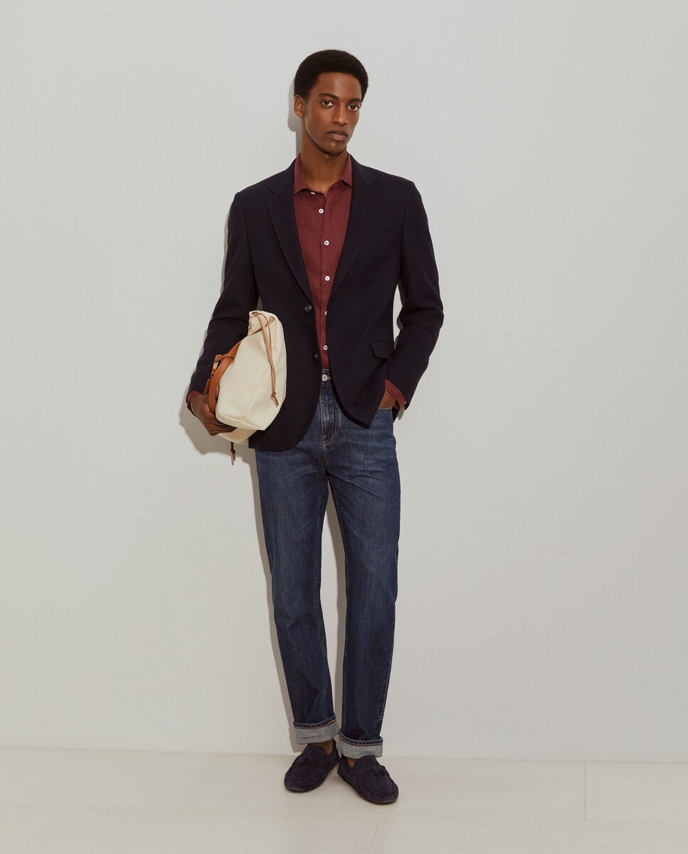 Blazer de Corte Slim Fit em Algodão e Lã em Marinho Azul-marinho-1