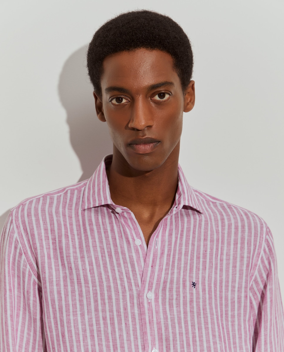 Camisa de Linho Regular Fit às Riscas Rosa-2