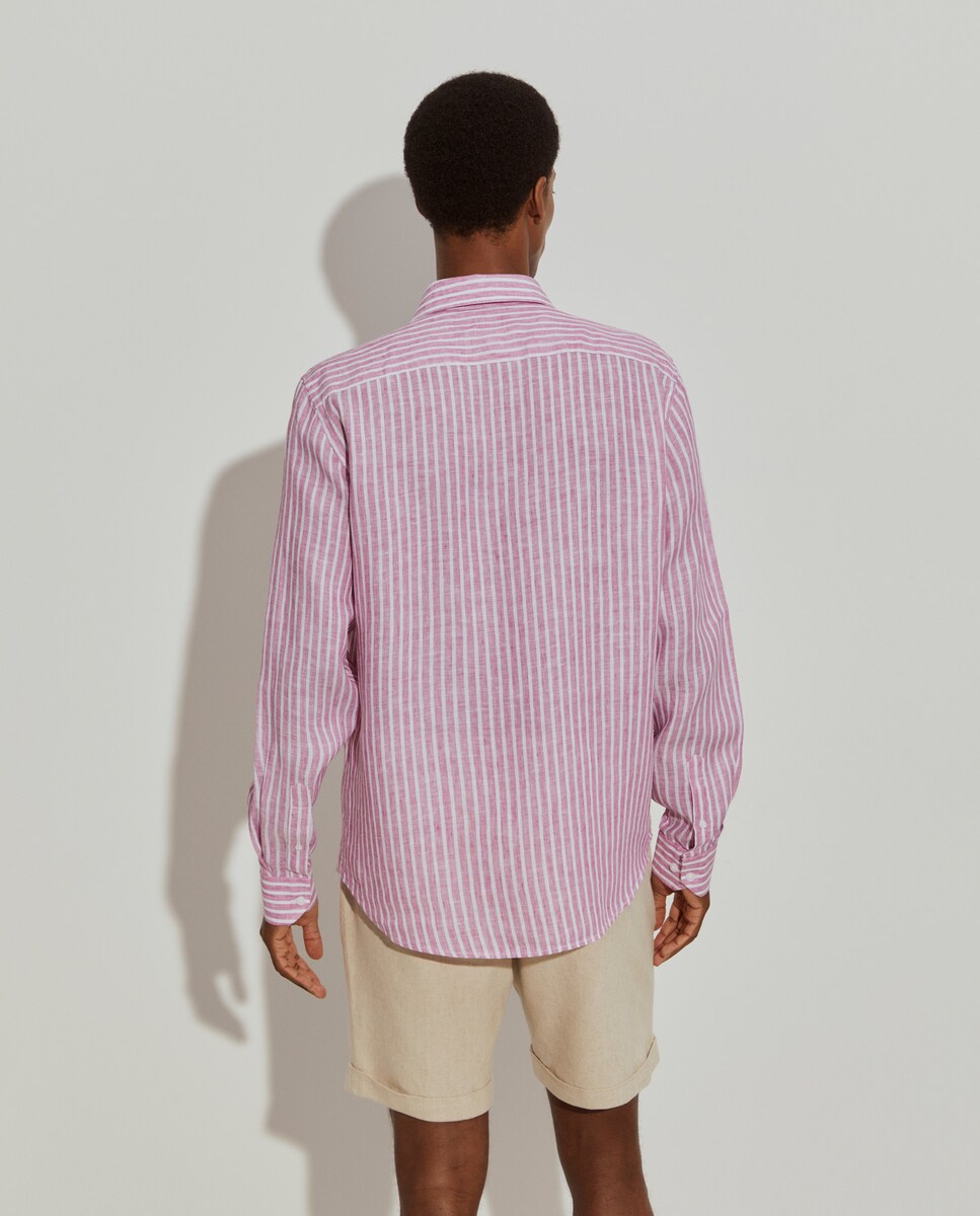 Camisa de Linho Regular Fit às Riscas Rosa-3