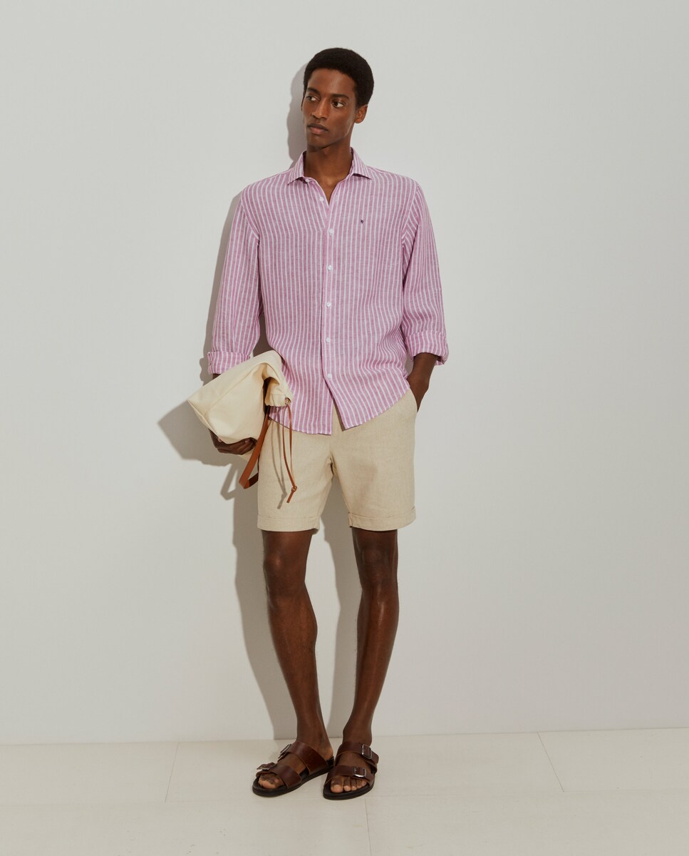 Camisa de Linho Regular Fit às Riscas Rosa-4