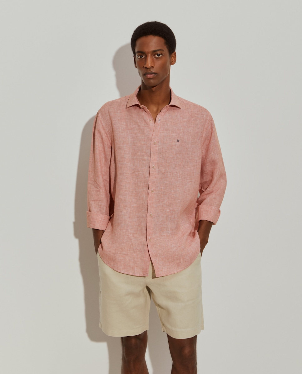 Camisa de Linho com Micropadrão Regular Fit Laranja-1