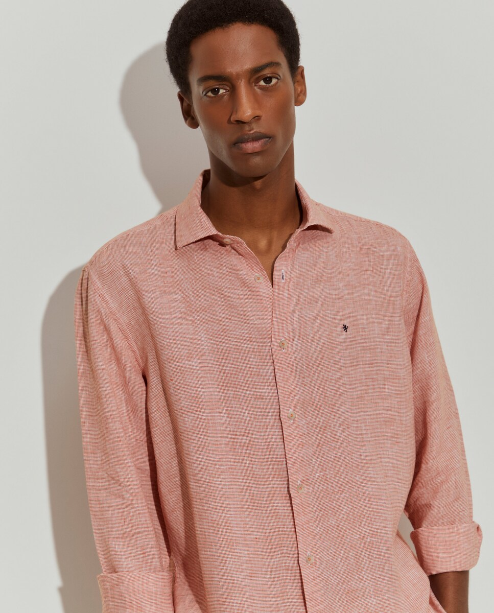Camisa de Linho com Micropadrão Regular Fit Laranja-2