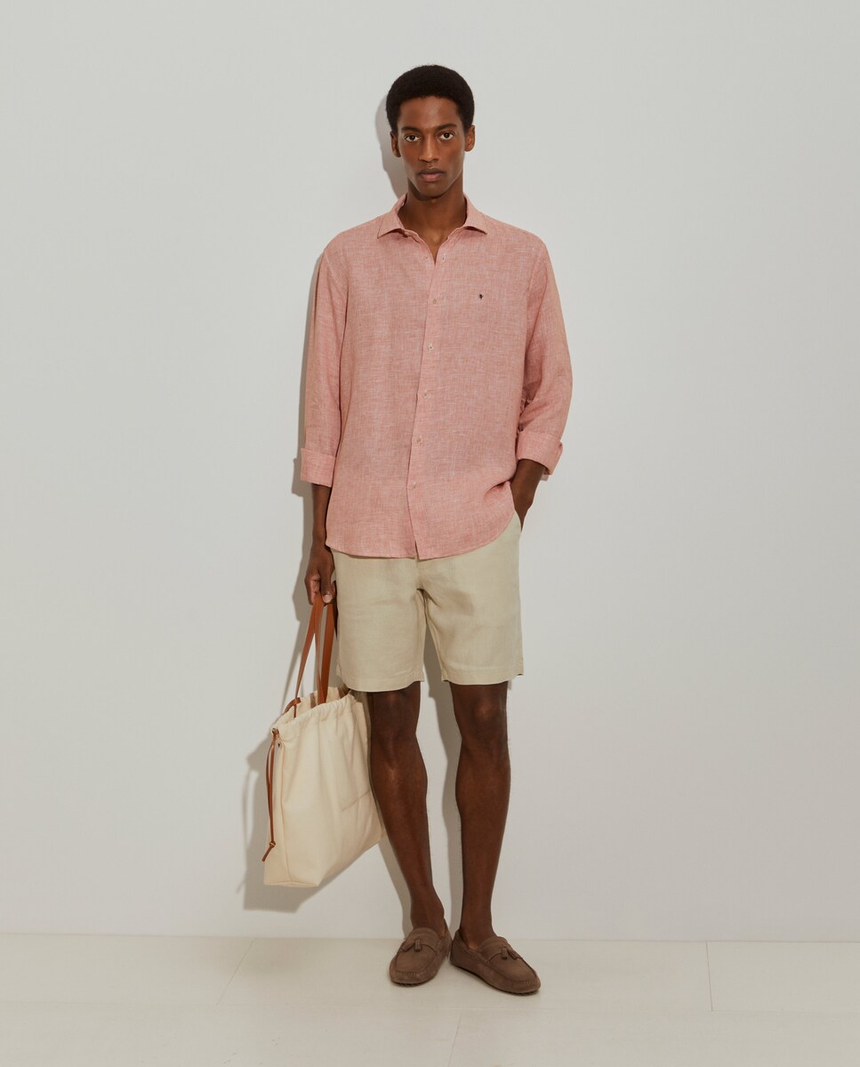 Camisa de Linho com Micropadrão Regular Fit Laranja-4