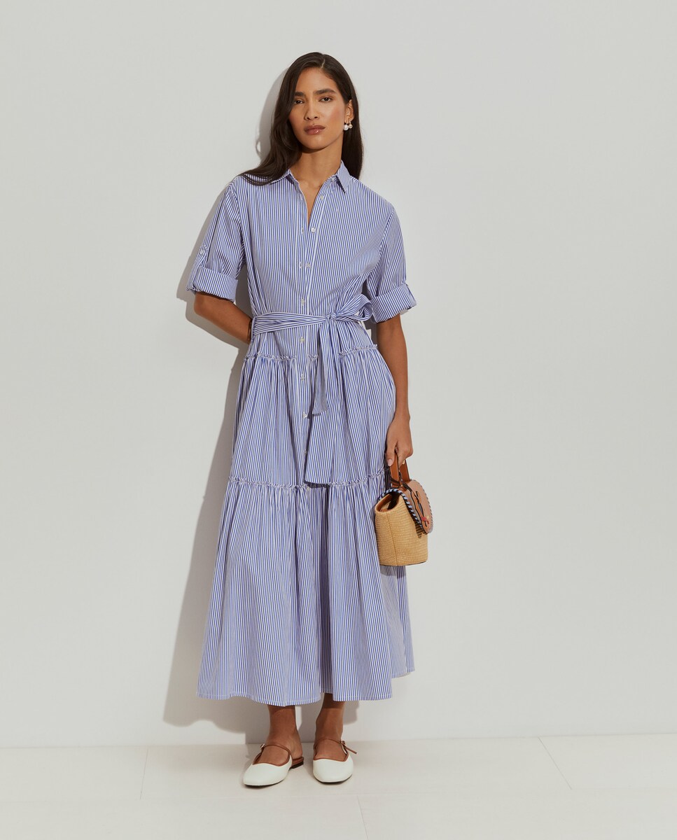 Vestido Tipo Camisa às Riscas com Folhos Azul-1