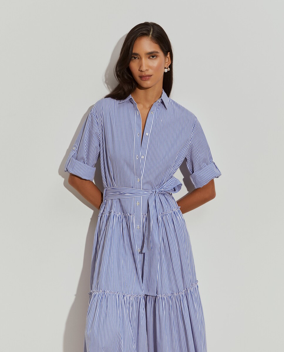Vestido Tipo Camisa às Riscas com Folhos Azul-2