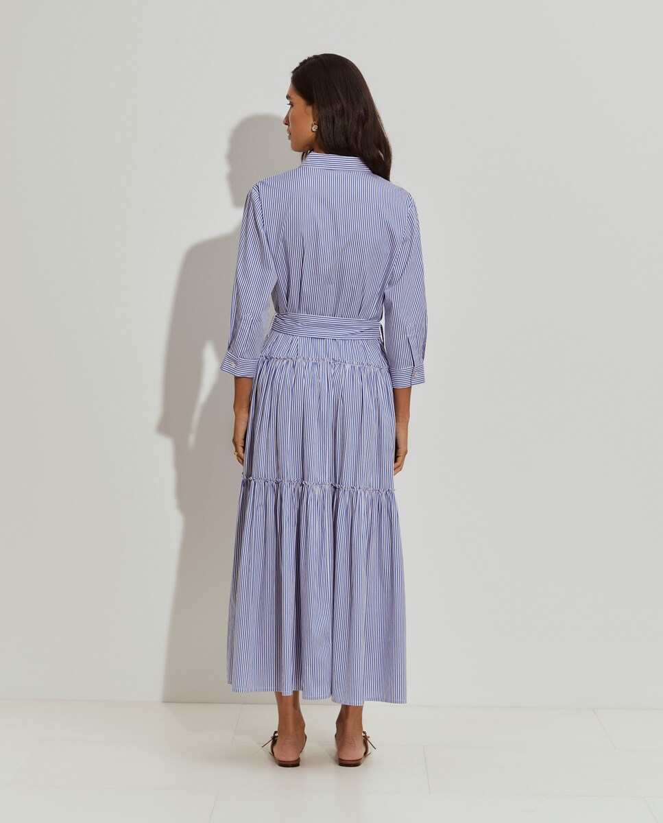 Vestido Tipo Camisa às Riscas com Folhos Azul-3