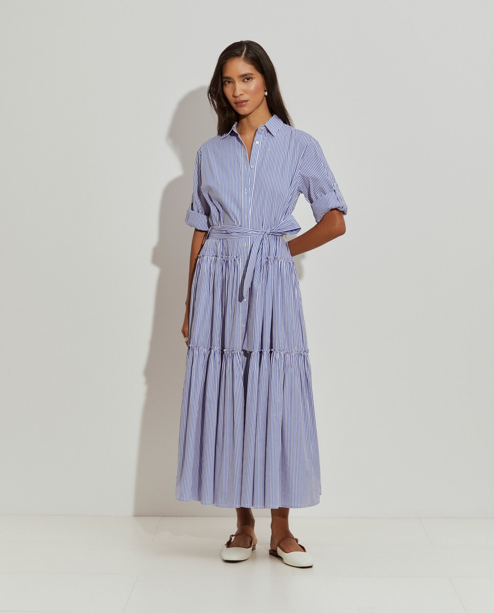 Vestido Tipo Camisa às Riscas com Folhos Azul-4