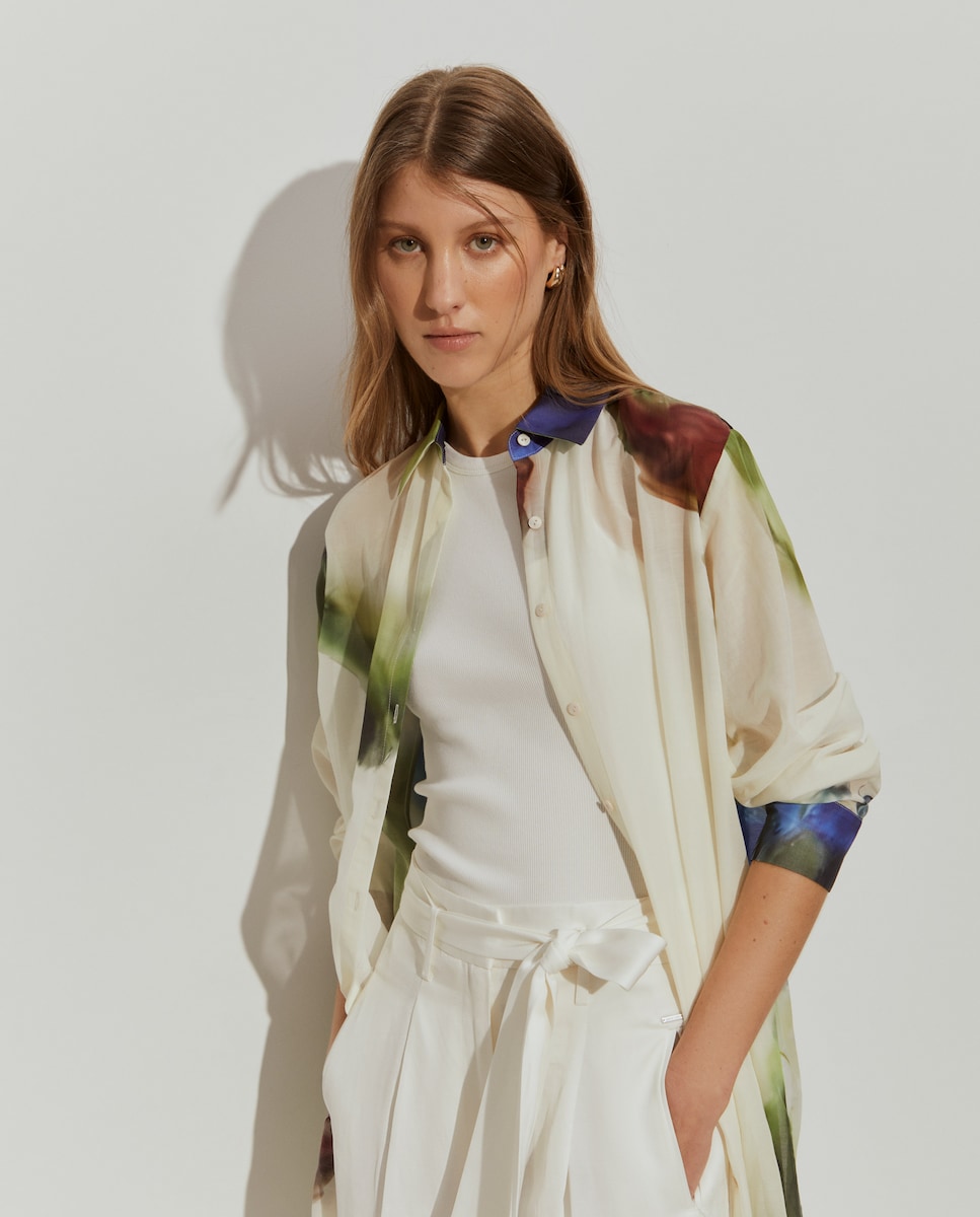 Camisa Comprida com Estampado Abstrato Creme-4