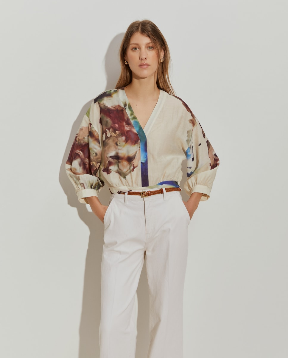 Blusa Curta com Estampado Abstrato Creme-1