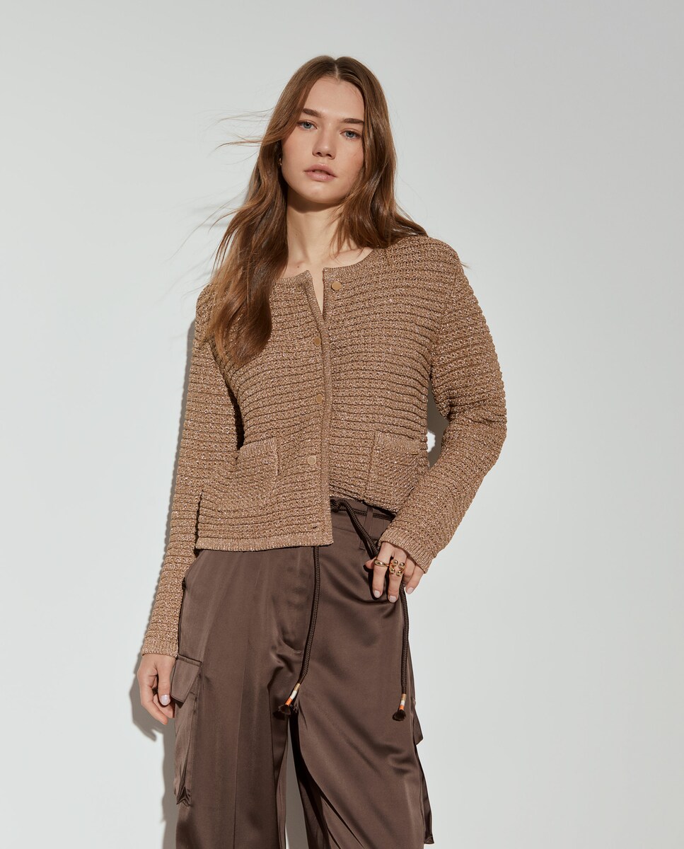Cardigan com Lurex e Fecho de Botões Castanho-1