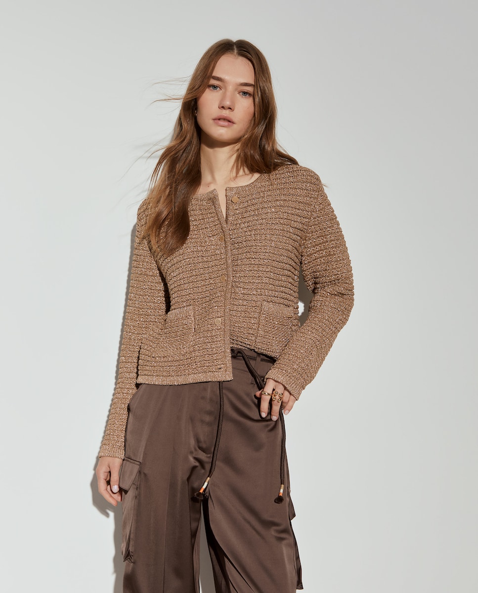 Cardigan com Lurex e Fecho de Botões Castanho-1