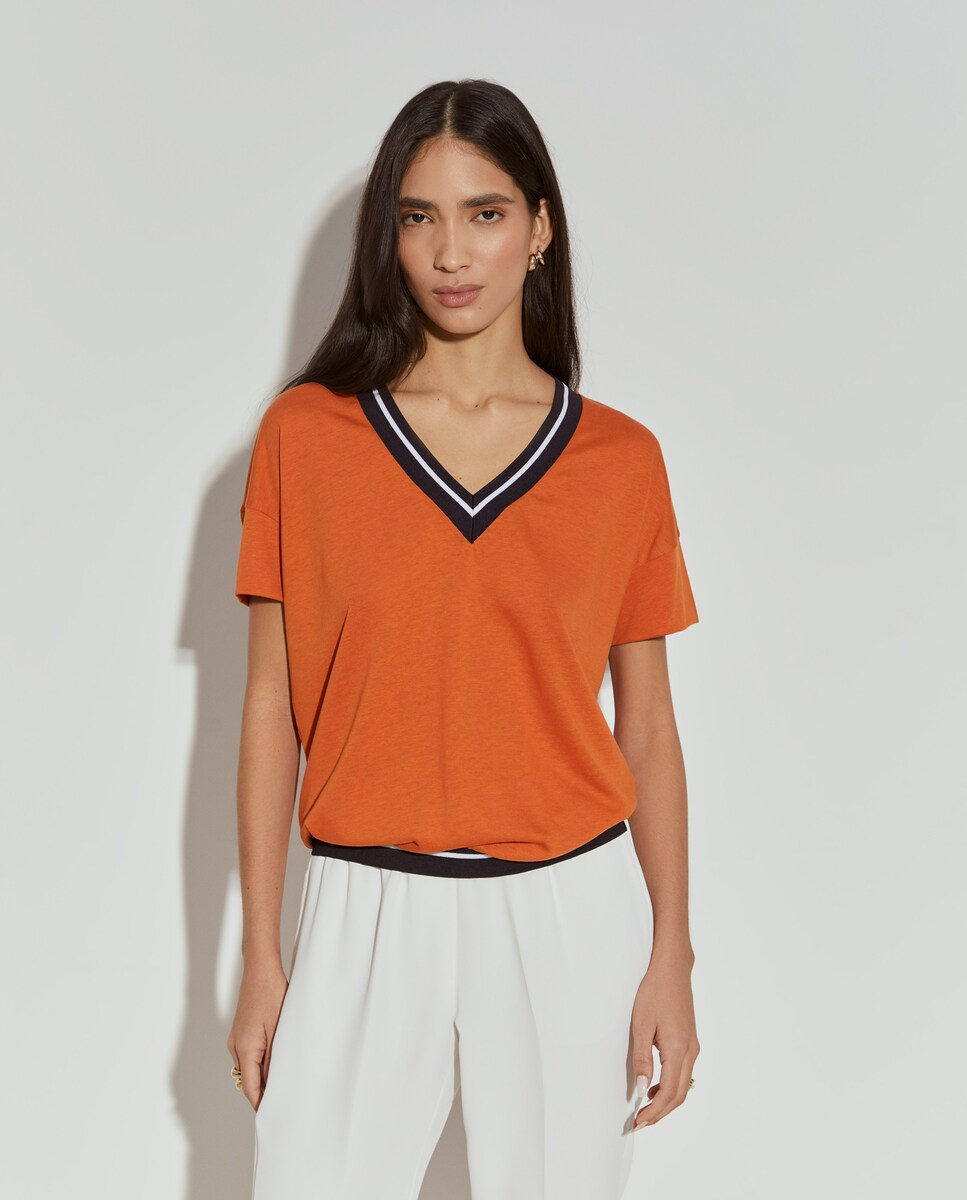 T-shirt de Manga Curta com Decote em V Laranja-2