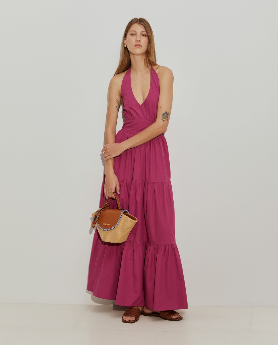 Vestido Comprido de Algodão com Folhos Rosa-1