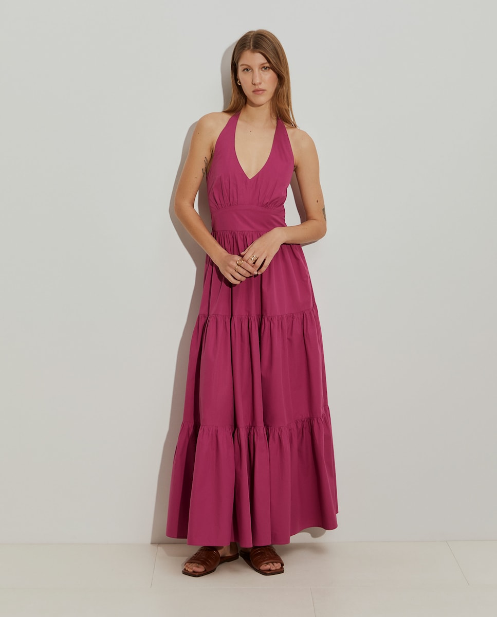 Vestido Comprido de Algodão com Folhos Rosa-2