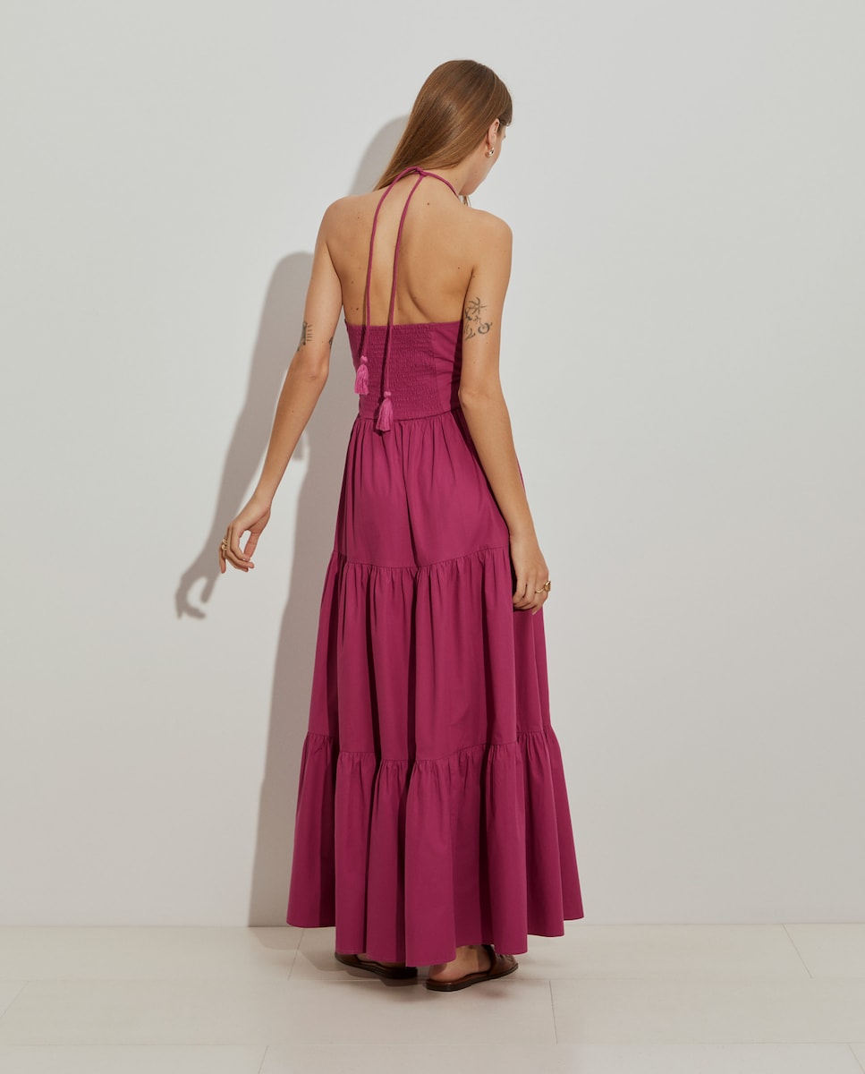 Vestido Comprido de Algodão com Folhos Rosa-3